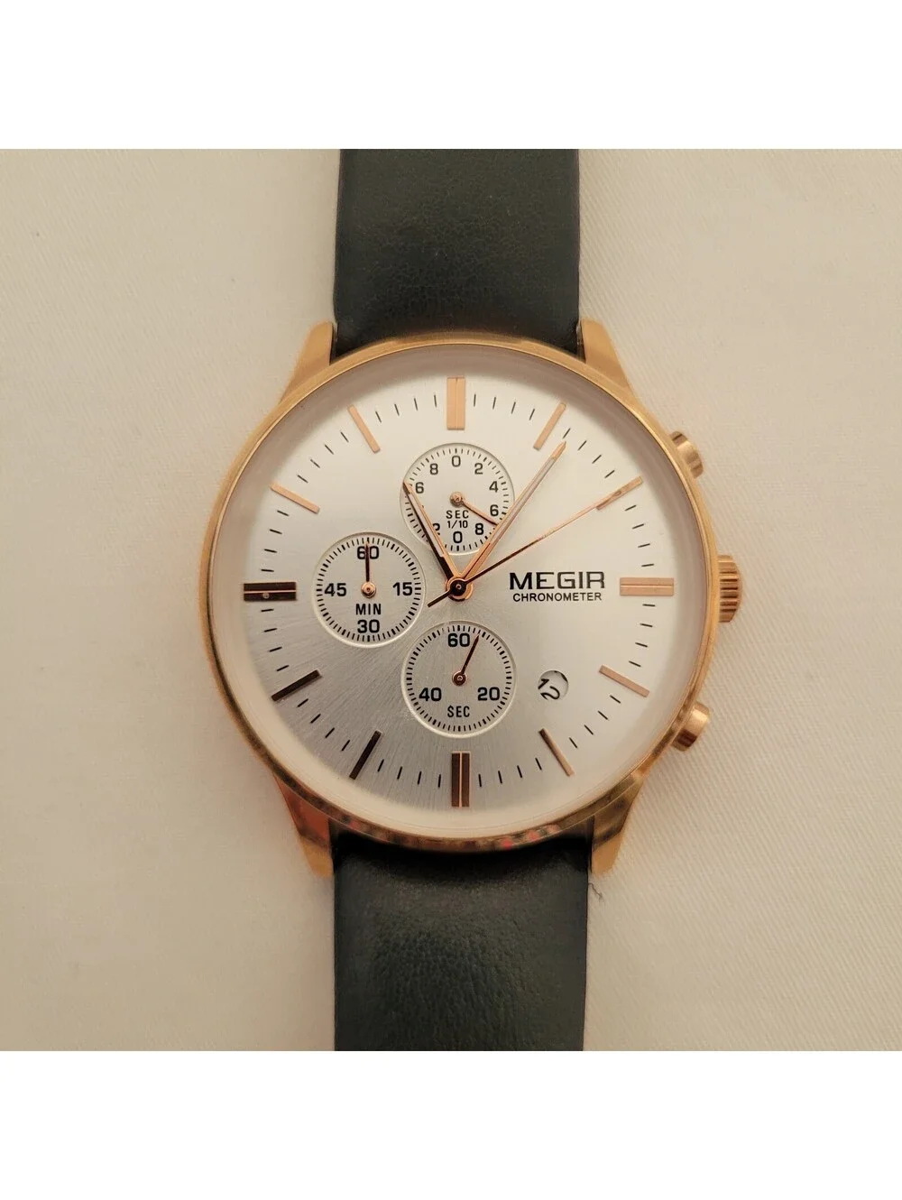 MEGIR M2011 Quartz Watch Rose Gold Black Leather Partial Chronograph